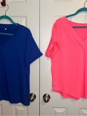 Bright Neon Pink V-Neck Top & Royal Blue V-Neck Tee - Set